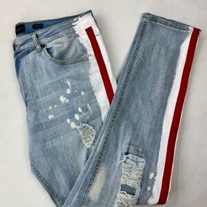WAIMEA Mens Skinny Fit Jeans Red White Stripe Paint Distressed Light‎ Wash 38x32